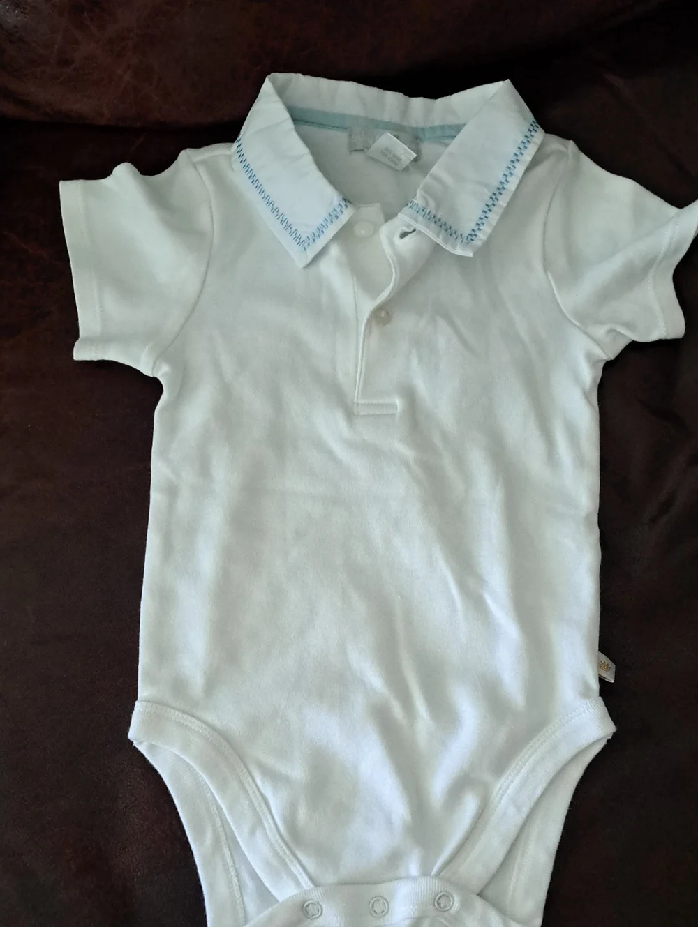 Baby Luxuries 12 Months White Polo-Style Baby One-Piece with Blue Trim